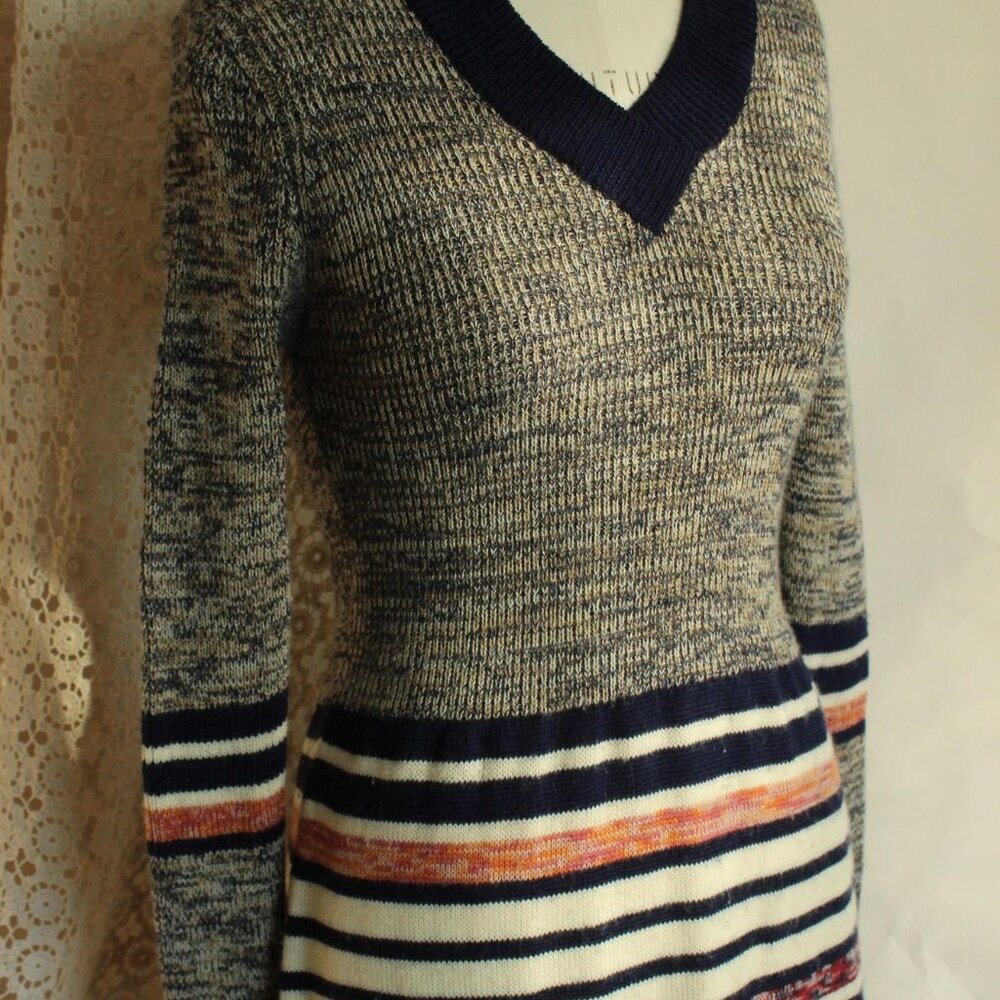 Vintage 1970s Dress, Jon Michael Wool Sweater Dress, Horizontal Striped V Neck - Picture 8 of 13